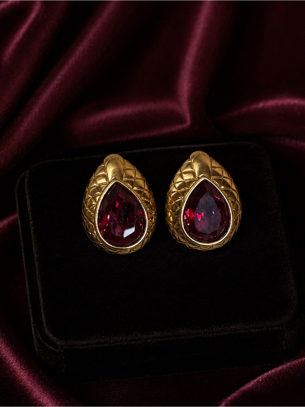 Vintage Swarovski Ruby Red Crystal Gold Tone Cli stud Earrings